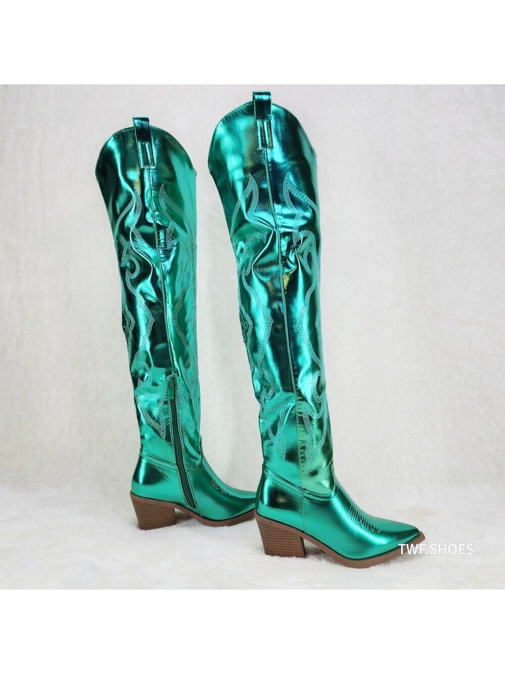 NIB Country Disco Cowboy Metallic Green Western Cowgirl OTK Thigh Boots - Picture 9 of 16